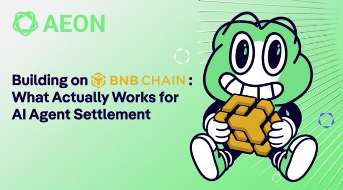 The image features a green cartoon character sitting with his hands holding a golden-colored object, which appears to be a gold coin or gem. The image also contains text, including a caption that reads "Building on BNP Chain; What actually works for AI agent settlement." It suggests that the cartoon character and the golden object might represent money or assets in an artificial intelligence context. This visual representation could be used as part of a digital marketing campaign aimed at promoting the concept of AI-driven settlements, leveraging creativity to make complex ideas more accessible and engaging.