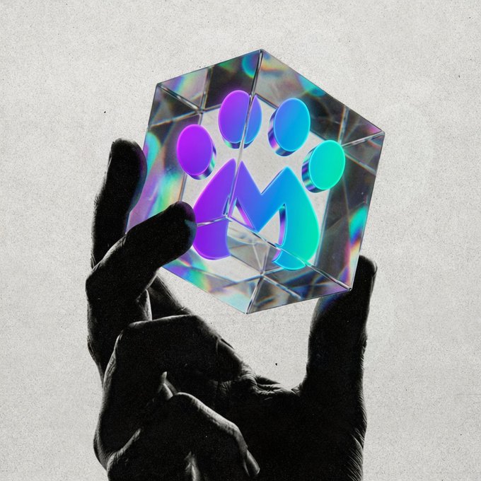 A silhouetted hand holds a glowing, iridescent hexagonal cube featuring a blue and purple paw print logo containing the letter "M"—the symbol for Myro, reflecting the poster's focus on the cryptocurrency project.