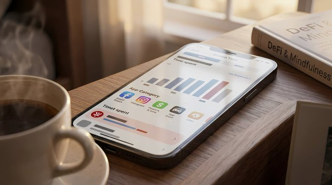 A smartphone on a wooden desk displaying a screen time tracking app with various app categories, accompanied by a steaming cup of coffee and books titled 'DeFi & Mindfulness'.
