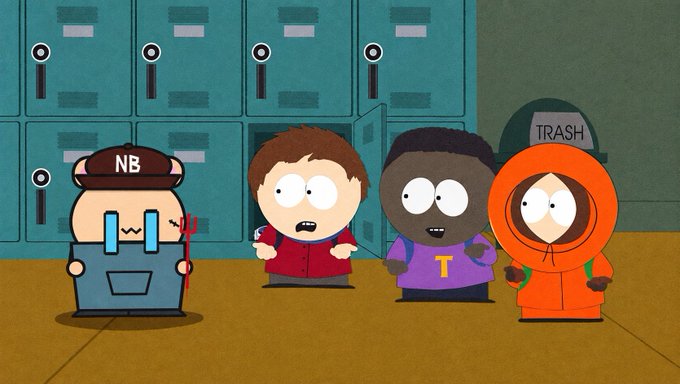 A scene from the animated show South Park shows characters (including one labeled 'NB' and 'TRASH') standing in a school hallway in front of teal lockers.