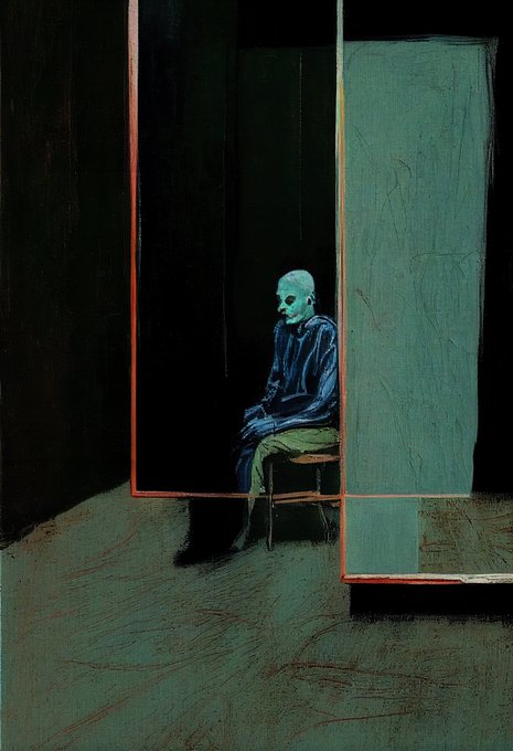 A moody painting depicting a skeletal, green-skinned figure in dark robes sitting on a chair within a partitioned, dimly lit room rendered in dark greens and browns.