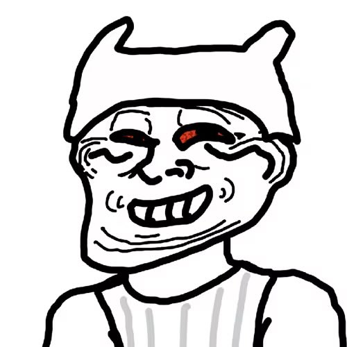 The image features a black and white line drawing of a person wearing a hat with red eyes, giving them an evil or creepy appearance. The person's face has exaggerated features such as large eyes, a wide smile, and a big nose. They are also described as having a "troll" expression on their face. The post includes the text "Holding 90 of these things. We all hope it's !" which suggests that there is something to be amused or entertained by in this image.