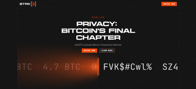 Dark-themed promotional website for "STARK" featuring the headline "PRIVACY: BITCOIN'S FINAL CHAPTER" with text about strkBTC as private Bitcoin powered by Starknet, alongside BTC ticker information.