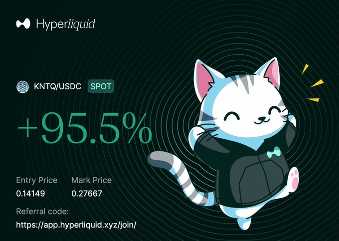 The image features a cartoon cat wearing a black jacket, standing against a dark background with a green circle patterned wall behind it. The cat appears to be smiling or laughing, adding a playful element to the scene. In the top left corner of the image, there is text that reads "bless up ansem my goat $kntq". This phrase seems to be related to the post about the cat and its owner's account on Hyper Liquid.