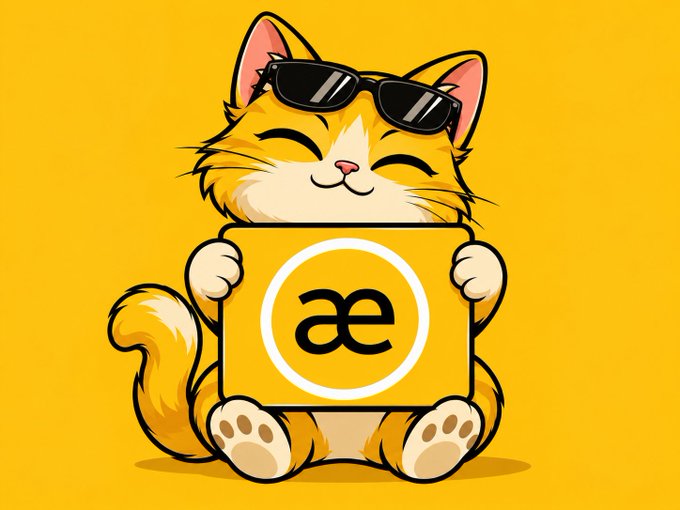 A cute cartoon orange tabby cat wearing sunglasses happily holds a yellow sign featuring the "æ" (ash) ligature, visually representing the "$ZASH" token announcement and its branding on zash.fun.