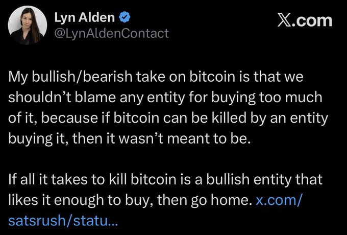The image displays a tweet from Lyn Alden, who has posted a message regarding strategy with regard to bitcoin. She starts by expressing her irritation at people trying to sell her too many coins and says she does not want anyone to complain about her strategy involving Bitcoins. Her tone is negative as she criticizes the abundance of coins being sold to her. The focus on Lyn Alden's point, along with the use of emojis, creates a conversational atmosphere in this text message.