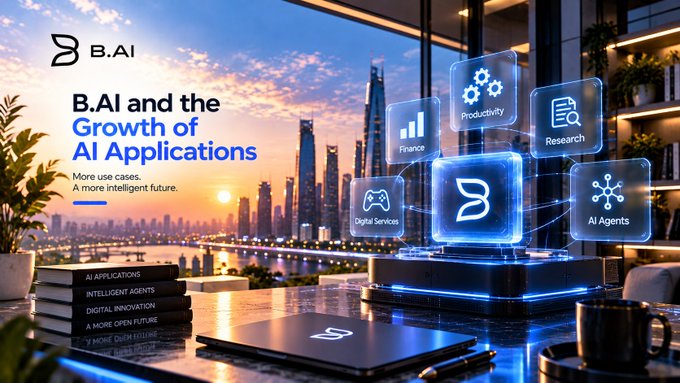 A promotional banner for "B.AI and the Growth of AI Applications" featuring a modern cityscape at sunset with holographic icons labeled Finance, Productivity, Research, Digital Services, and AI Agents.