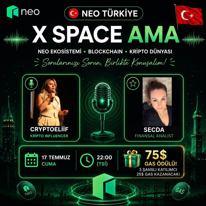 A promotional graphic for "NEO TÜRKİYE X SPACE AMA" event featuring crypto influencer CRYPTOELIIF and financial analyst SECDA, scheduled for July 17 at 22:00 with a $75 GAS reward.