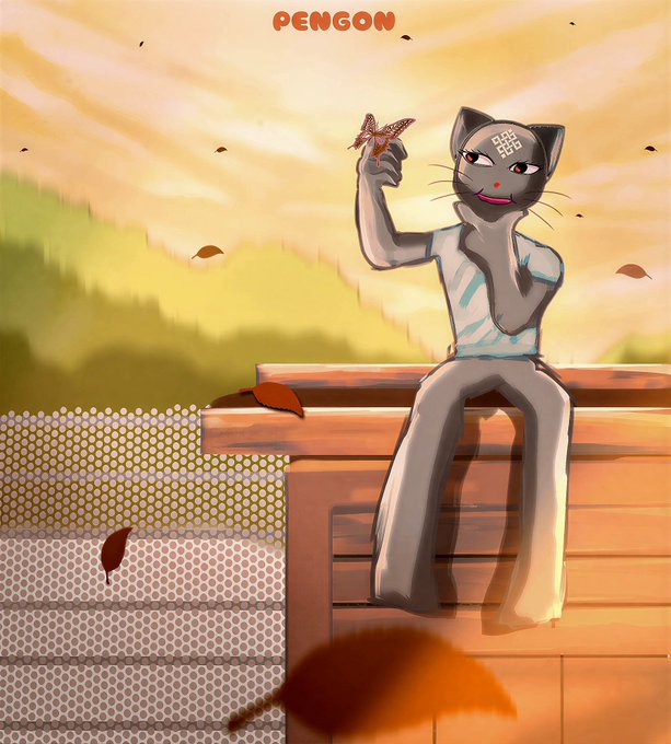 A digital illustration of a gray cat-like character wearing a white tank top, sitting on a rooftop and holding a maple leaf, with 'PENGON' written at the top.