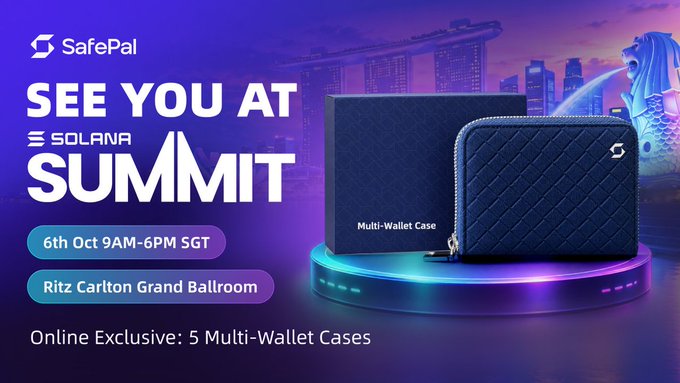A promotional graphic for SafePal at the Solana Summit on 6th Oct from 9AM-6PM SGT at the Ritz Carlton Grand Ballroom, featuring a dark blue "Multi-Wallet Case" against a purple city skyline background and announcing an online exclusive giveaway of 5 Multi-Wallet Cases to align with the post's contest announcement.