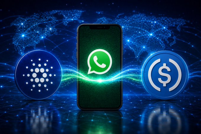 A smartphone displaying the WhatsApp logo is centered between two large cryptocurrency coins (Cardano/ADA and USDC) against a digital world map backdrop with glowing blue network connections.