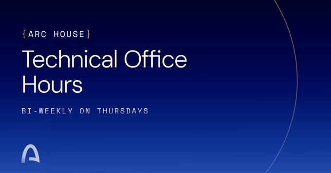 A dark blue promotional graphic for Arc House announces "Technical Office Hours" scheduled bi-weekly on Thursdays, featuring the Arc logo in the bottom-left corner, which serves as the title card for the upcoming live session on Wallets and Account Abstraction on Arc.