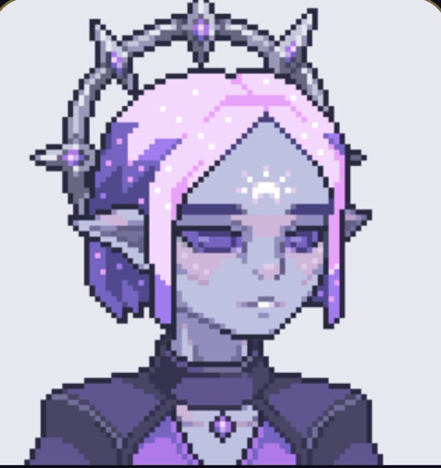 Pixel art portrait of a fantasy character with purple/pink hair, a silver crown, and a dark outfit.