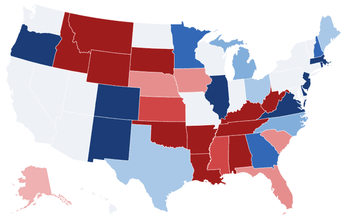A color-coded US electoral map showing states in various shades of dark red, light red, white, and blue representing political data.