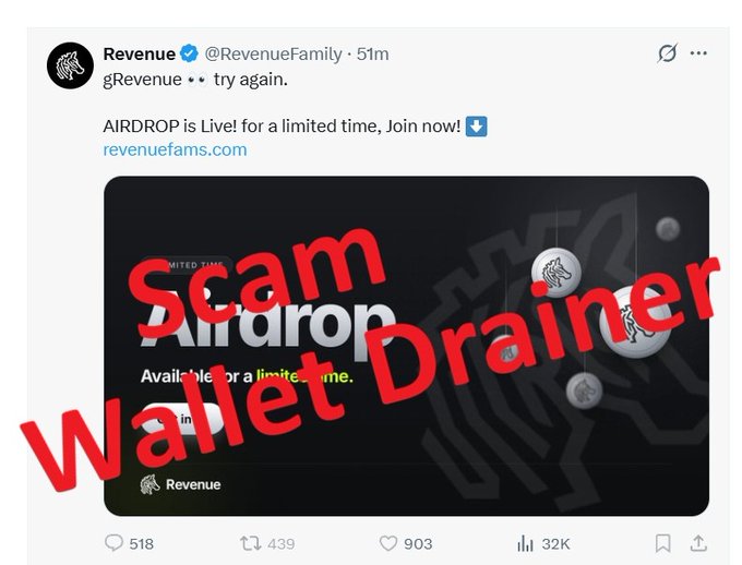 A tweet from @RevenueFamily (@RevenueFams) advertises an "AIRDROP" and directs users to join via revenuefams.com, but the image is overlaid with large red "SCAM" and "Wallet Drainer" text warning that the site is malicious. The post describes how clicking the link led to a broken site where "Continue with X" actually requests wallet access, suggesting a phishing scheme designed to drain crypto from $REV holders.