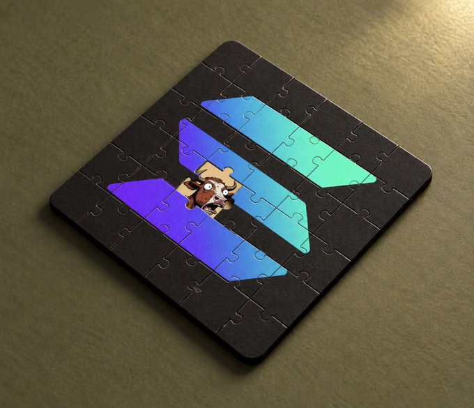 A black jigsaw puzzle on a green surface, partially assembled to reveal purple and blue diagonal shapes.