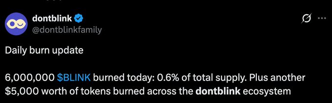 A Twitter/X post from verified account @dontblinkfamily announces a daily burn update: "6,000,000 $BLINK burned today: 0.6% of total supply. Plus another $5,000 worth of tokens burned across the dontblink ecosystem."