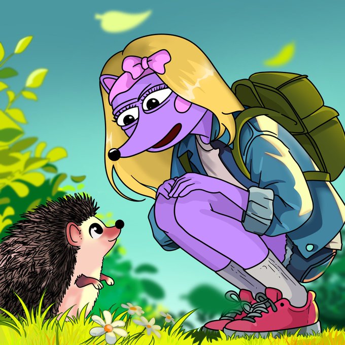 A colorful cartoon illustration shows a purple character wearing a pink bow and a backpack, crouching to look at a small hedgehog in a grassy field with flowers.