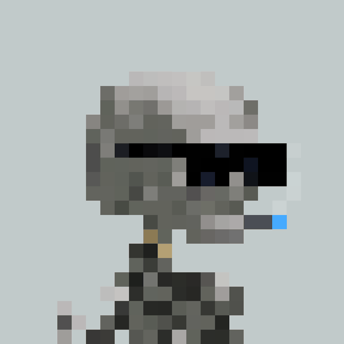 A heavily pixelated, low-resolution image of a helmeted figure in black and white armor against a light blue background.