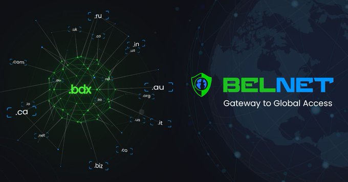 A BelNet promotional graphic featuring a globe with '.bdx' and various domain extensions, with the text 'BELNET - Gateway to Global Access'.
