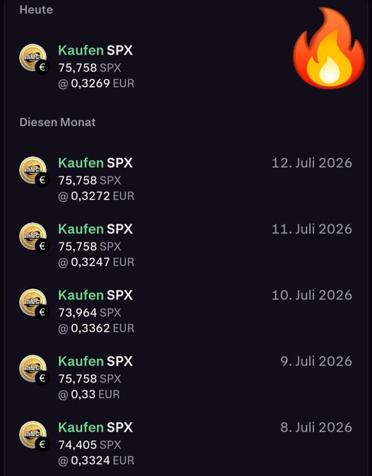 The image shows a trading app's transaction history displaying recent "Kaufen SPX" (Buy SPX) purchases of SPX6900 tokens, with today's highlighted by a fire emoji, along with entries from July 8-12, 2026, at prices ranging from 0.3247 to 0.3362 EUR. It visually reinforces the post's message about maintaining a disciplined daily Dollar-Cost Averaging (DCA) strategy into SPX6900 with unwavering conviction over 500 days, even through market volatility.