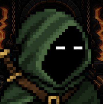 A pixel art illustration of a hooded figure in a green cloak with a dark face and white eyes.