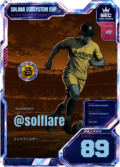 A digital trading card from the "Solana Ecosystem Cup" features an illustrated soccer player in a yellow "Solflare" jersey with the handle "@solflare" and an overall rating of 89, ranked #97 with the special move "Matcha Megaflip." The card's design ties into the post's announcement by presenting the Solflare team as an elite player competing in the Solana Ecosystem Cup.