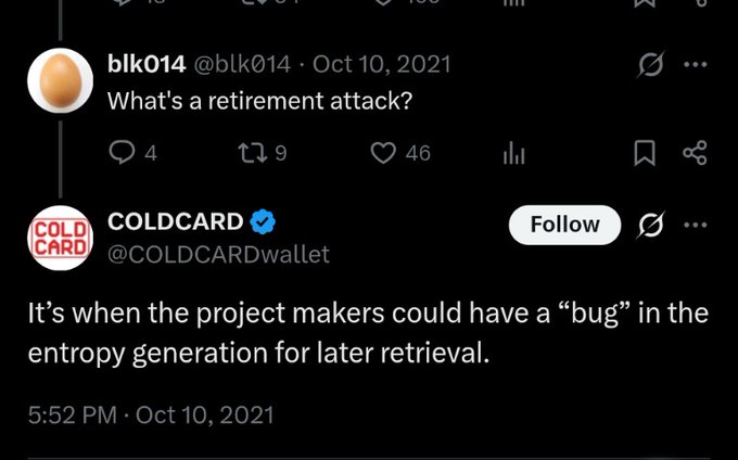 A tweet exchange where user @blk014 asks "What's a retirement attack?" and verified @COLDCARD wallet responds, "It's when the project makers could have a 'bug' in the entropy generation for later retrieval." The screenshot highlights a concerning explanation of a potential cryptographic vulnerability discussed in the context of the CC event.