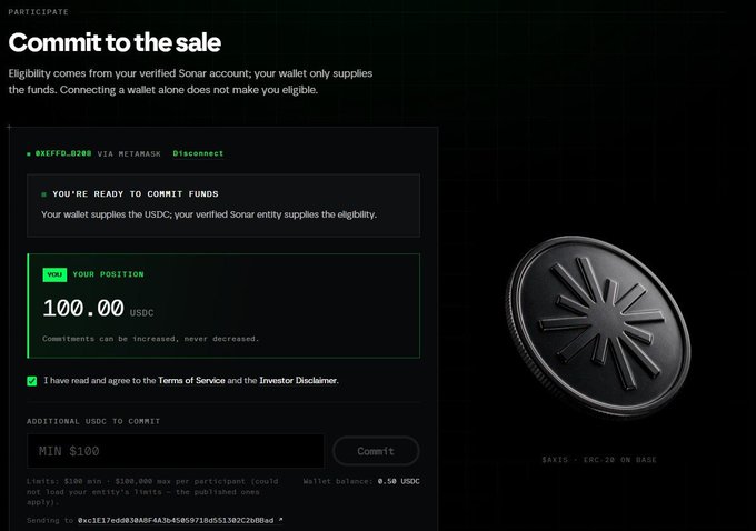 A Sonar cryptocurrency platform interface showing 'Commit to the sale' functionality with a wallet position of 100.00 USDC, displayed alongside a 3D silver coin graphic.
