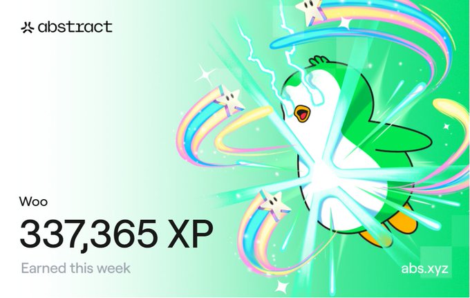 The image features an abstract poster with a cartoon penguin character surrounded by colorful stars and rainbows. The poster has a green background, white text, and a small amount of text at the bottom that reads "Week 69: +337K XP slowly creeping up each week, going to be adding a couple new things to the routine to see what happens next week @AbstractChain".