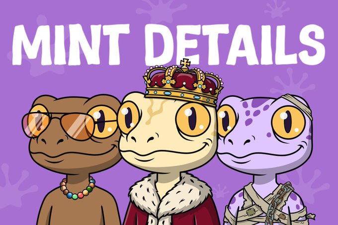 Three cartoon geckos—one wearing sunglasses and a beaded necklace, one wearing a crown and royal fur-trimmed robe, and one in bandages with a chain—are displayed below bold "MINT DETAILS" text on a purple background, promoting the upcoming Geckos Syndicate NFT mint on July 7th at 1PM UTC.