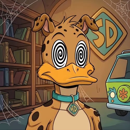 The image features a cartoon duck with a dog collar, standing next to a green van. The duck has a unique appearance due to its multiple eyes and a spooky expression. The caption of the image reads "It's Saturday don't be ducking around before you get hypnotize like my @headuck_avax over here…….. QuackMorning back at me". This post seems to be related to the cartoon character Donkey from the animated series Ducktales, as it features a reference to the character in its caption.

The image is accompanied by a bookcase filled with books and a spider web design on the wall behind the duck. The overall theme of the image appears to be a combination of humor and creativity, with the cartoon duck being the main focus while incorporating elements from popular culture like the Spiderman comic strip.