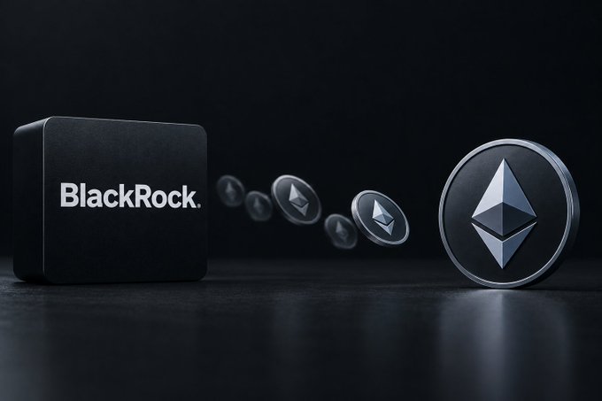 A 3D-rendered image showing a black box labeled "BlackRock." on the left with Ethereum coins floating in a curved path toward a large Ethereum coin on the right against a dark background.