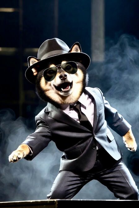 The image features a dog dressed up as a man, wearing a suit and hat with sunglasses. The dog appears to be posing for a photo or video, possibly for an advertisement or promotional material. The caption of the image includes some text that reads "$MANYU doesn't walk to the moon he moonwalks". This phrase is likely a reference to the character from the movie "The Wolf", who is known for his unique and sometimes comical way of walking on the moon, rather than taking traditional steps. The dog's outfit and pose in this image are reminiscent of the character's style, making it an interesting and eye-catching visual.