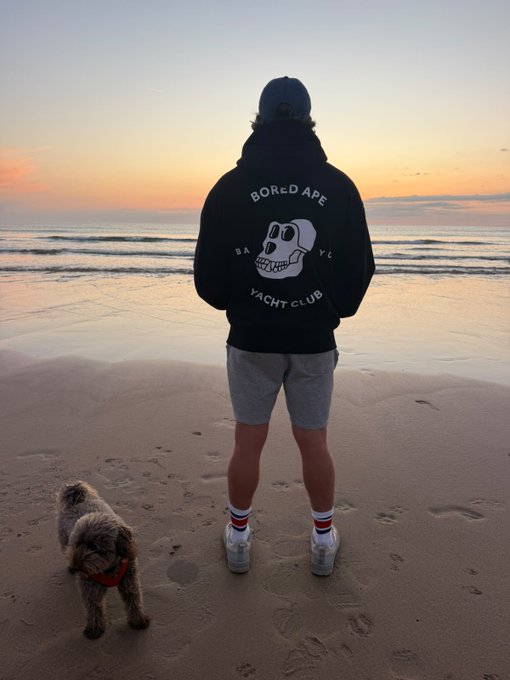 Beach scene at sunset showing a person from behind wearing a black 'Bored Ape Yacht Club' hoodie, gray shorts, and a cap, standing on wet sand with a small fluffy dog beside them.