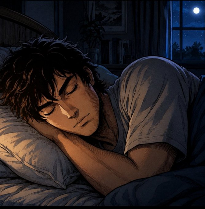 A young man with dark tousled hair sleeps peacefully in bed under moonlight, accompanied by a visual caption: "Sleeping early after a productive day in crypto." The cozy nighttime scene reflects the post's relaxed "goodnight" message as the author winds down while staying locked in on Nomisma Network and Wallchain projects.