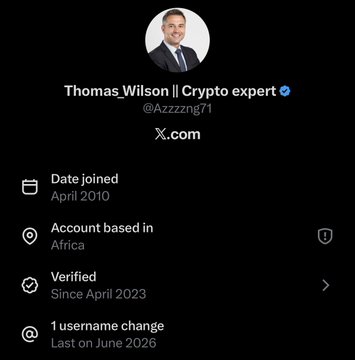 An X (Twitter) profile page for 'Thomas_Wilson || Crypto expert' verified since April 2023, account based in Africa, showing 1 username change last on June 2026.