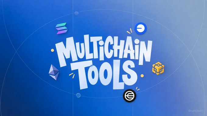 A vibrant blue graphic displays "MULTICHAIN TOOLS" in stylized white text, surrounded by icons representing various blockchain networks including Solana, Ethereum, and Binance Smart Chain. The image visually supports the post's theme of cross-chain utility by showcasing multiple blockchain logos alongside the title, matching the mention of FOMO as a popular multichain tool.