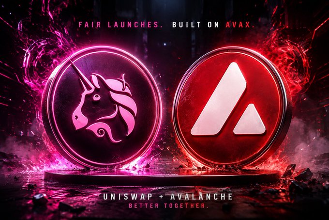 A promotional graphic featuring two glowing cryptocurrency coins (Uniswap and Avalanche) with the text 'FAIR LAUNCHES. BUILT ON AVAX.' at the top and 'UNISWAP + AVALANCHE BETTER TOGETHER.' at the bottom.