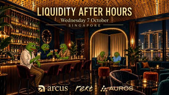 An event poster for "LIQUIDITY AFTER HOURS" on Wednesday 7 October in Singapore, featuring Pepe the Frog characters in a luxurious bar setting, hosted by arcus, rekt, and AUROS.