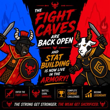 A promotional graphic announcing 'THE FIGHT CAVES ARE BACK OPEN AND STAT BUILDING IS NOW LIVE IN THE ARMORY!' featuring two warrior characters.