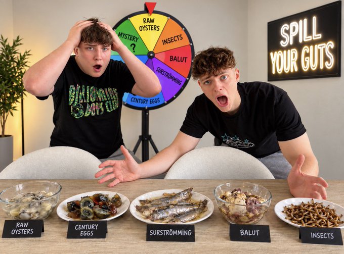 Two shocked young men sit at a table displaying five plates of unusual foods labeled "Raw Oysters," "Century Eggs," "Surströmming," "Balut," and "Insects," with a colorful spinning wheel behind them featuring "Mystery Q" and "Spill Your Guts" neon signage, promoting their upcoming live stream challenge.