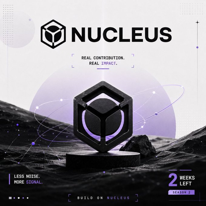 A promotional graphic for 'NUCLEUS' featuring a hexagonal logo, with text 'REAL CONTRIBUTION. REAL IMPACT.', 'LESS NOISE. MORE SIGNAL.', '2 WEEKS LEFT', and 'BUILD ON NUCLEUS SEASON 2'.