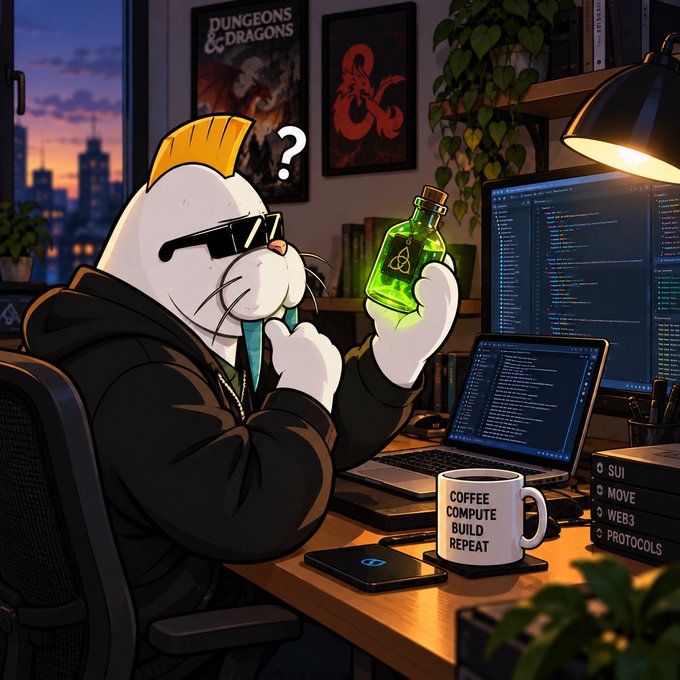 An illustrated cartoon of a cool-looking seal character with sunglasses and a yellow mohawk, holding a glowing green potion bottle in a coding workspace with multiple monitors and a 'COFFEE COMPUTE BUILD REPEAT' mug.
