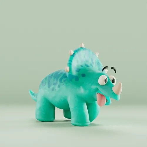 A cute, cartoon-style 3D render of a teal triceratops figurine with big expressive eyes, white horns, and its tongue sticking out stands against a pale green background.