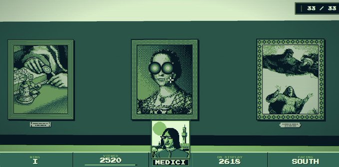 A green-themed pixel art game screen showing three framed pictures (Trinkets, Alchemy, and The Hanged Man) above a deck builder interface with stats: WINS 1, COIN 2520, CH ALCHEMY 2618, FRONT SOUTH, and a Medici character card.