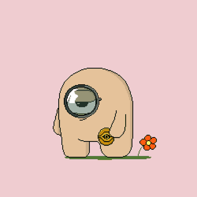 A minimalist pixel art illustration of a one-eyed beige creature holding a small snail next to a red flower on a pink background.