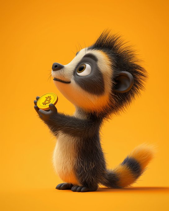 A 3D rendering of an adorable, fluffy baby lemur-like creature with a striped tail, holding up a gold coin featuring a small character, set against a solid orange background.
