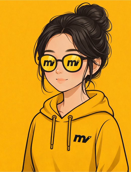 A stylized illustration of a young woman with dark hair in a bun, wearing yellow sunglasses and a yellow hoodie with 'mv' branding, set against a bright yellow background.
