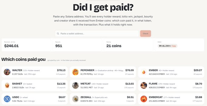 A screenshot of the 'Did I get paid?' Solana airdrop checking website showing $240.01 received, 951 payouts, and 21 coins, including holders like WALTER, PEPEMBER, EMBER, BASKET, METCAT, FLAME, USDC, ZECBALL, and EMBERCAT.